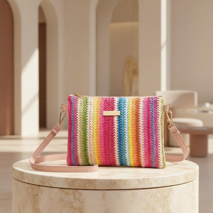Multicolor Woven Crossbody Bag, Striped Shoulder Purse, Colorful Women's Bag