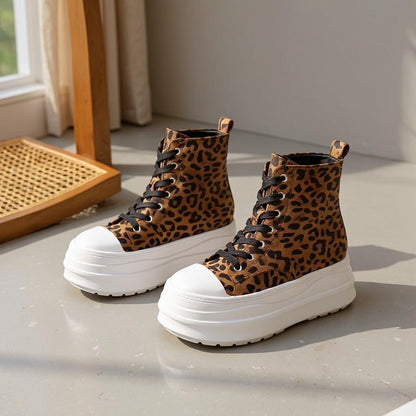 Leopard Print Platform Sneakers, High Top Chunky Sneakers, Animal Print Lace Up Shoes, Women's Fashion Shoes