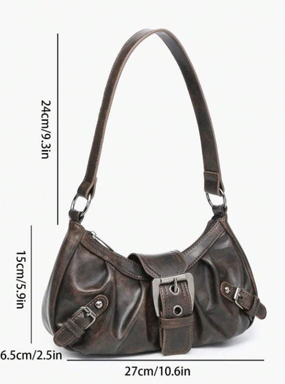 Vintage Brown Shoulder Bag, Y2K Hobo Purse, Retro Buckle Handbag, Dark Brown Everyday Bag
