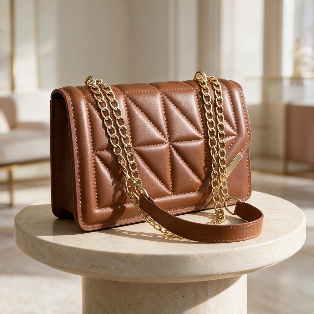 Brown Quilted Shoulder Bag, Geometric Flap Purse, Cognac Chain Handbag, Crossbody Bag, Elegant Quilted Purse