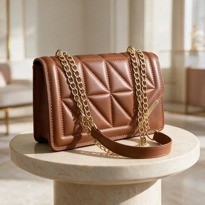 Brown Quilted Shoulder Bag, Geometric Flap Purse, Cognac Chain Handbag, Crossbody Bag, Elegant Quilted Purse
