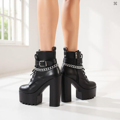 Black Gothic Platform Boots, Chain Buckle Ankle Boots, Punk Lace Up Chunky Heel Boots, Y2K Shoes
