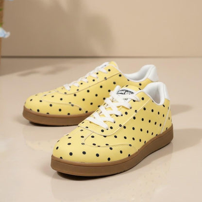 Yellow Polka Dot Sneakers, Women's Retro Lace Up Shoes, Cute Casual Trainers