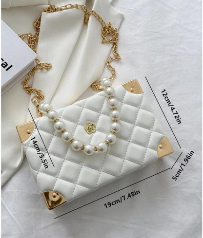 White Pearl Handle Bag, Quilted Shoulder Purse, Elegant Chain Strap Handbag, Ivory Evening Bag, Womens Flap Purse