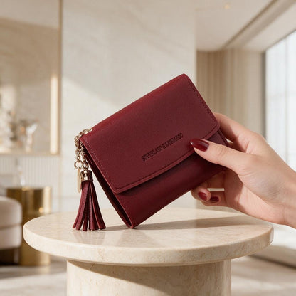 Burgundy Womens Wallet, Small Tassel Wallet, Compact Flap Purse, Red Wallet