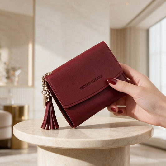 Burgundy Womens Wallet, Small Tassel Wallet, Compact Flap Purse, Red Wallet