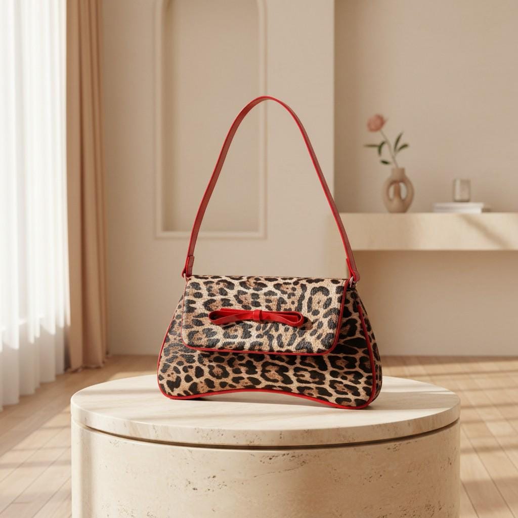 Leopard Print Baguette Bag, Y2K Shoulder Purse, Red Trim Animal Print Handbag, Small Underarm Bag, Retro Style Purse