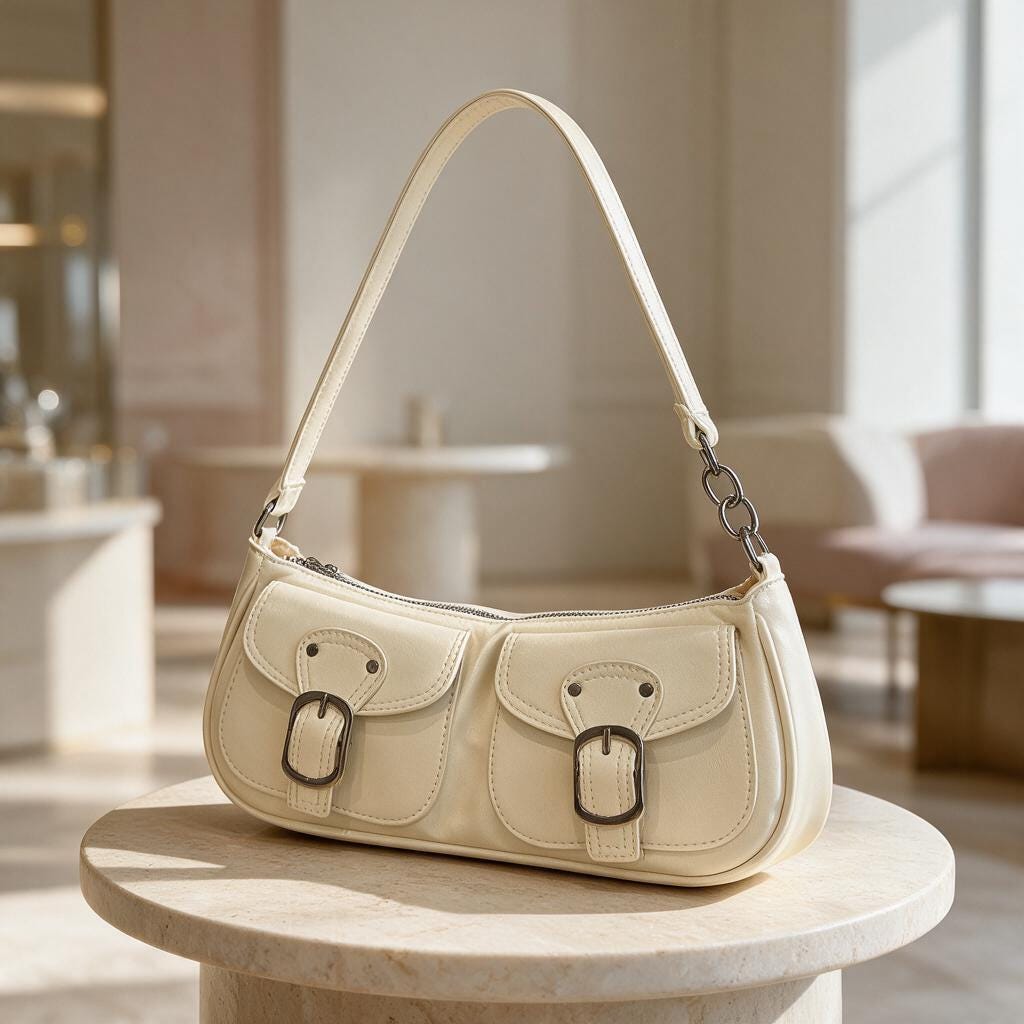 Cream Buckle Shoulder Bag, Y2K Double Pocket Purse, Ivory Baguette Handbag, Retro 90s Bag
