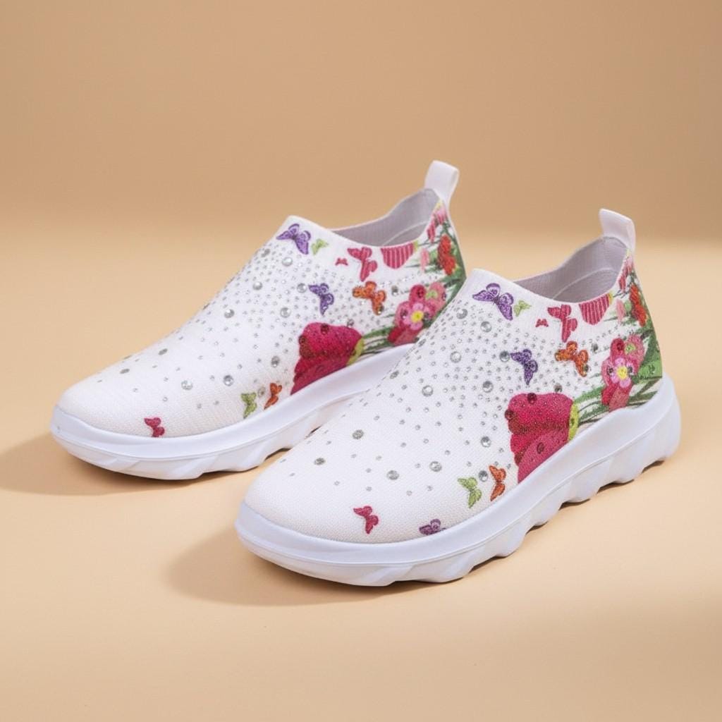 Floral Slip On Sneakers, Women's White Wedge Shoes, Flower Platform Sneakers
