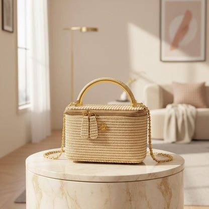 Woven Top Handle Bag, Beige Shoulder Purse, Structured Woven Handbag, Gold Chain Crossbody Bag, Mini Summer Bag