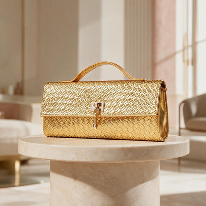 Gold Woven Clutch Bag, Metallic Evening Purse, Textured Handbag, Gold Formal Bag, Structured Top Handle Clutch