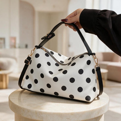 Black White Polka Dot Handbag, Polka Dot Shoulder Bag, Cute Top Handle Purse, Retro Womens Handbag, Everyday Purse