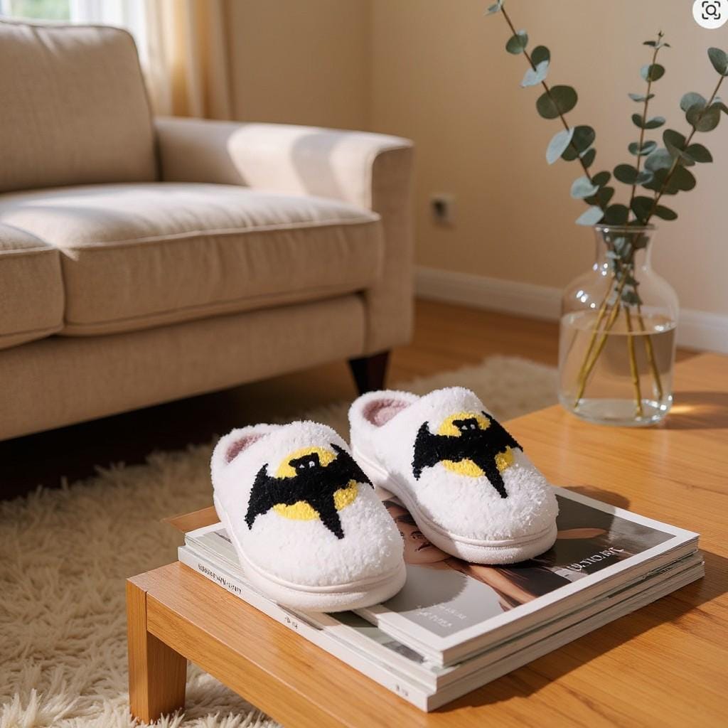 Bat Slippers, Fuzzy White House Shoes, Spooky Halloween Slippers