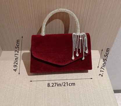 Burgundy Evening Clutch, Rhinestone Handle Bag, Red Formal Purse, Wedding Guest Bag