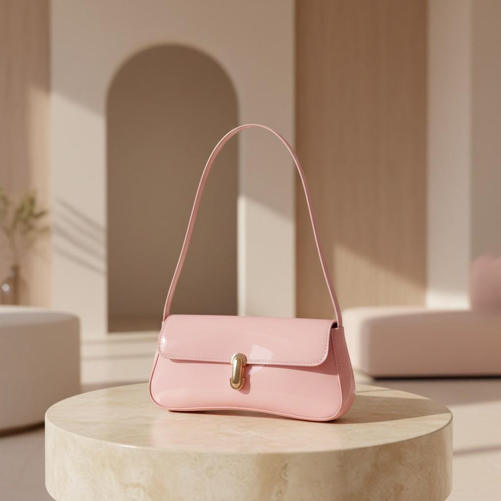 Pink Baguette Shoulder Bag, Glossy Pink Purse, Y2K Mini Handbag, Gold Buckle Shoulder Purse, Cute Pink Underarm Bag
