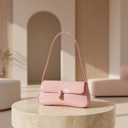 Pink Baguette Shoulder Bag, Glossy Pink Purse, Y2K Mini Handbag, Gold Buckle Shoulder Purse, Cute Pink Underarm Bag