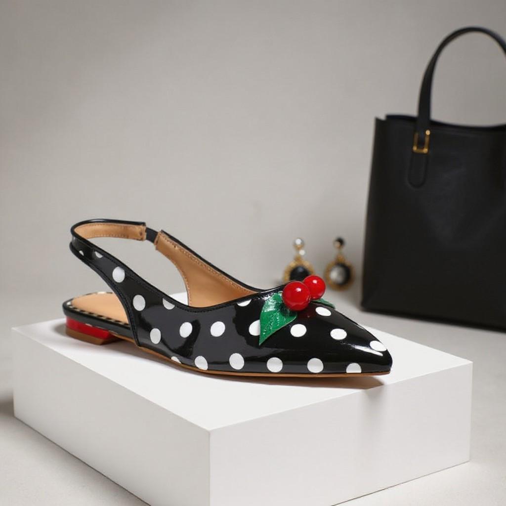 Black Cherry Slingback Flats, Polka Dot Shoes, Red Cherry Embellished Pointed Toe Flats, Retro Pin Up Shoes