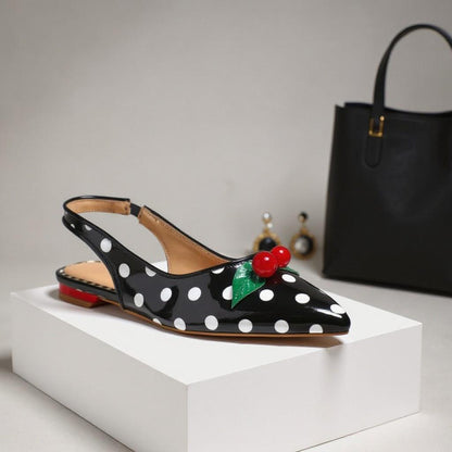 Black Cherry Slingback Flats, Polka Dot Shoes, Red Cherry Embellished Pointed Toe Flats, Retro Pin Up Shoes