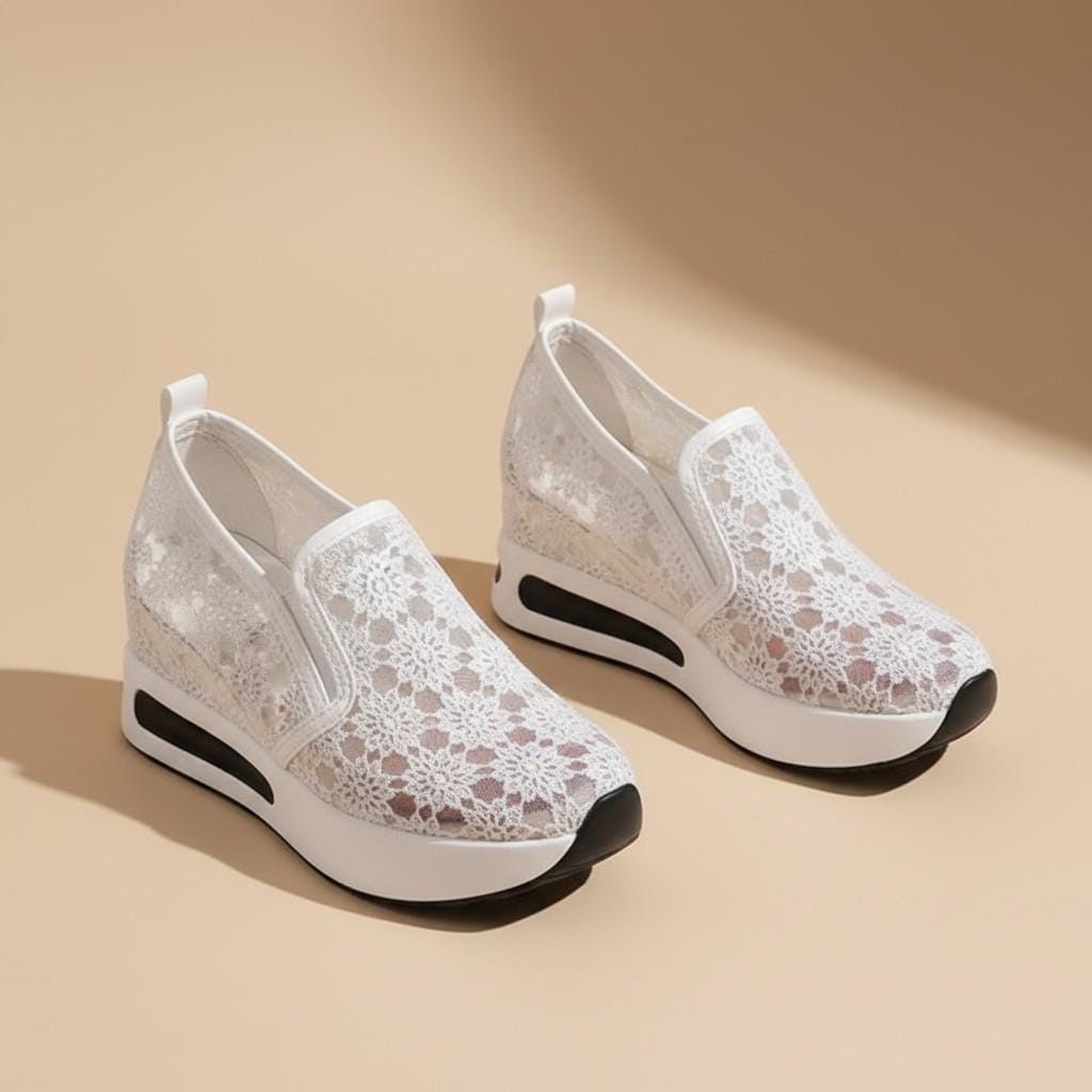 White Lace Bridal Wedge Sneakers, Floral Platform Wedding Shoes