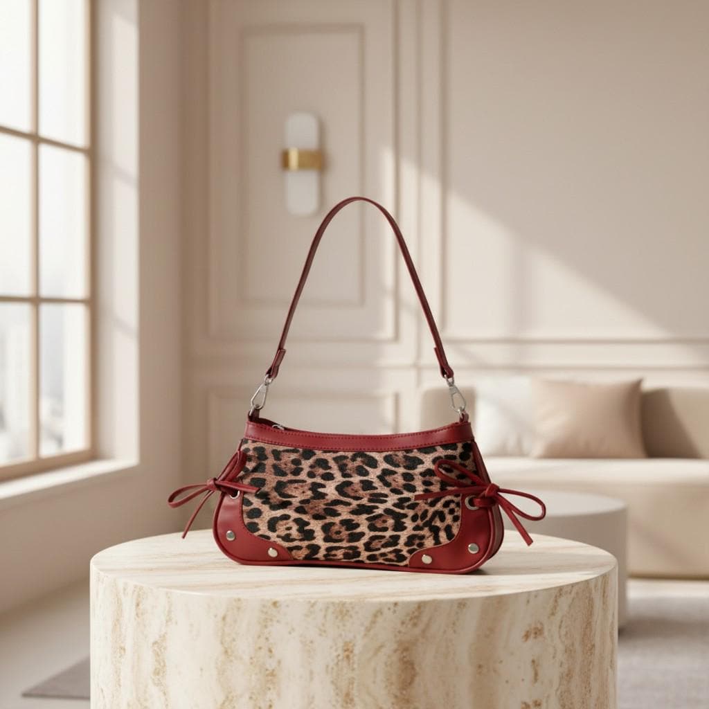 Leopard Baguette Bag, Burgundy Trim Shoulder Purse, Animal Print Handbag, Y2K Underarm Bag, Bow Detail Purse
