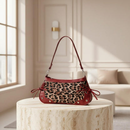 Leopard Baguette Bag, Burgundy Trim Shoulder Purse, Animal Print Handbag, Y2K Underarm Bag, Bow Detail Purse
