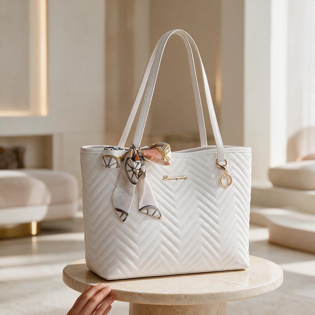 White Quilted Tote Bag, Chevron Shoulder Handbag, Women's Purse Set, White Tote with Matching Mini Bag, Everyday Carryall