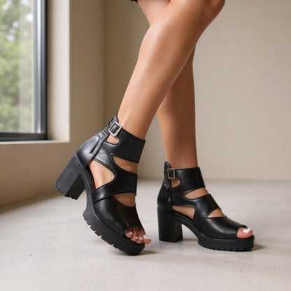 Black Cage Platform Heels, Strappy Block Heel Sandals, Ankle Strap Open Toe Shoes