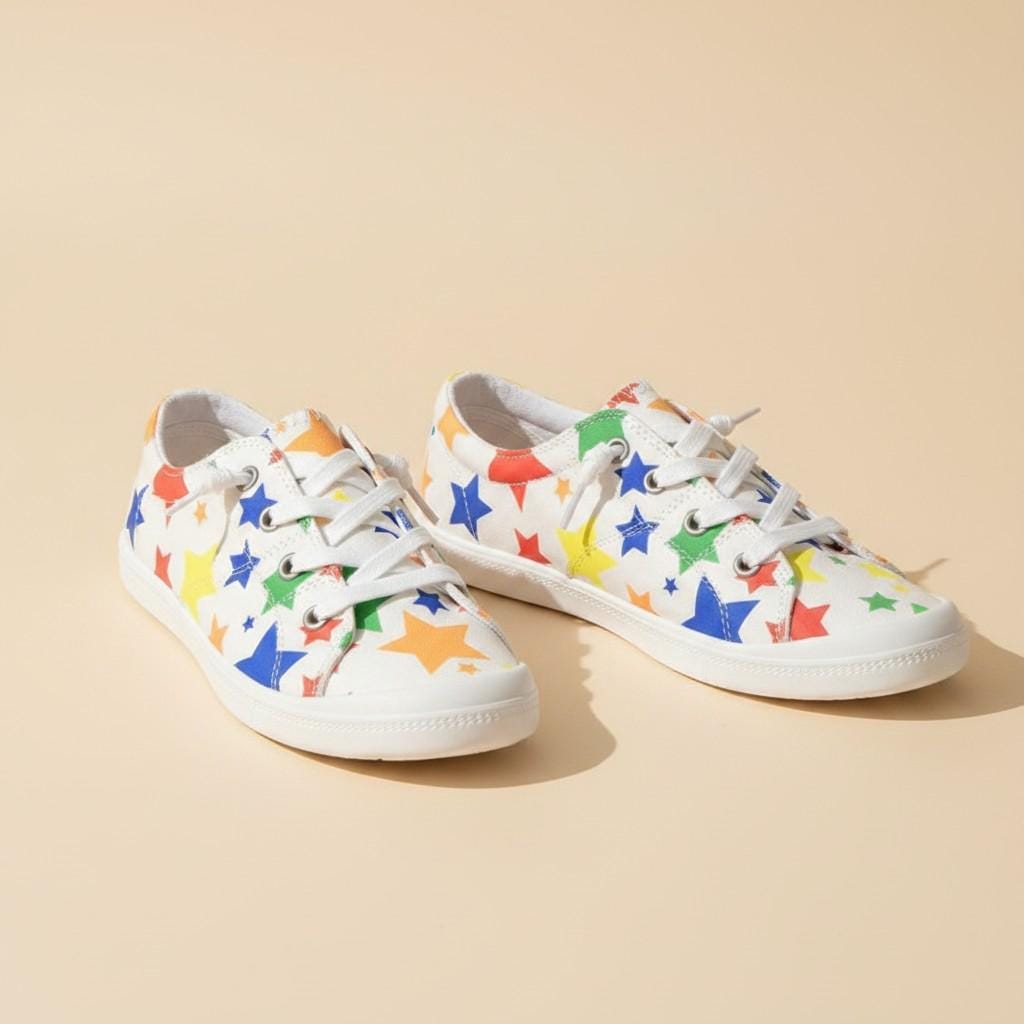Colorful Star Print Sneakers for Women, White Low Top Shoes, Retro Lace Up Footwear