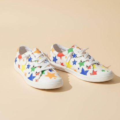 Colorful Star Print Sneakers for Women, White Low Top Shoes, Retro Lace Up Footwear
