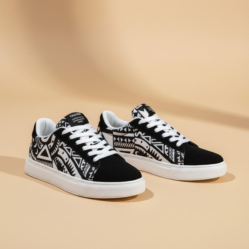 Black White Geometric Sneakers, Women's Low Top Shoes, Graphic Lace Up