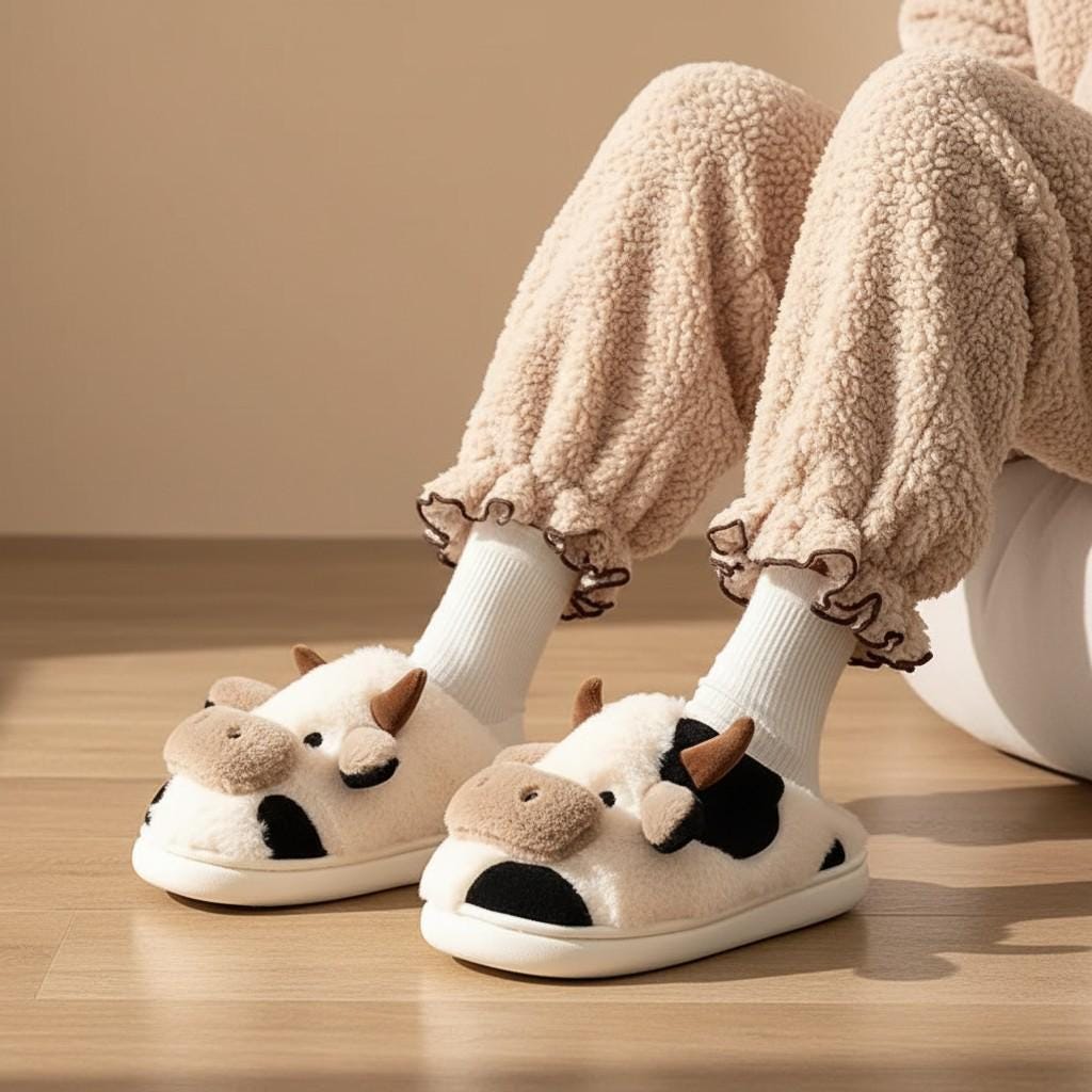 Cow Slippers, Cute Fuzzy House Shoes, Plush Animal Slides, Cozy Indoor Footwear