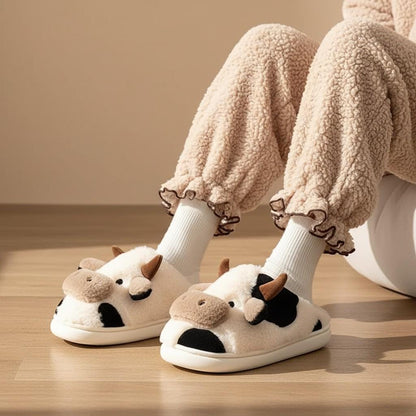 Cow Slippers, Cute Fuzzy House Shoes, Plush Animal Slides, Cozy Indoor Footwear