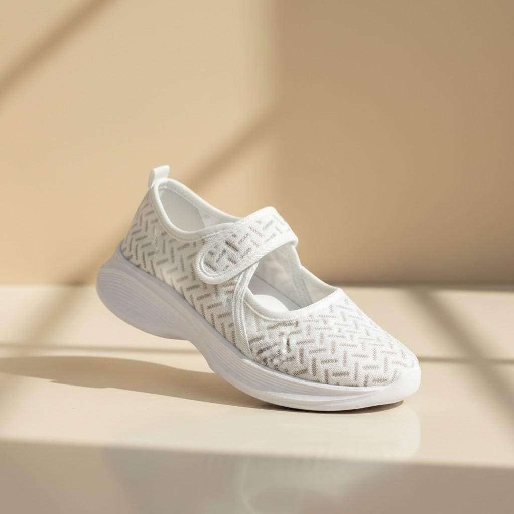 White Mesh Mary Jane Sneakers for Women, Lightweight Casual Shoes, Summer Walking Footwear