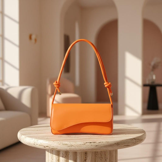 Orange Shoulder Bag, Knotted Strap Handbag, Flap Purse, Minimalist Underarm Bag, Trendy Everyday Shoulder Bag