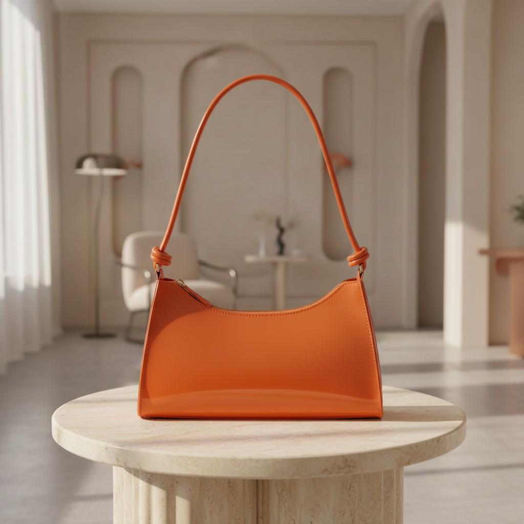 Orange Baguette Shoulder Bag, Glossy Orange Purse, Y2K Handbag, Bright Orange Underarm Bag, Trendy Women's Shoulder Bag