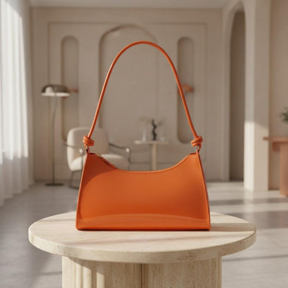 Orange Baguette Shoulder Bag, Glossy Orange Purse, Y2K Handbag, Bright Orange Underarm Bag, Trendy Women's Shoulder Bag