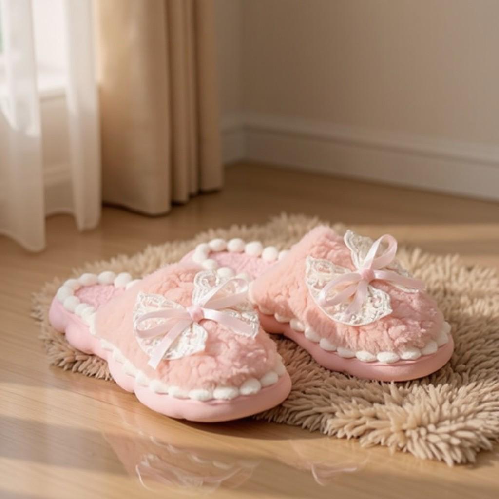 Pink Bow Slippers, Fuzzy Plush House Shoes, Cute Coquette Indoor Slippers