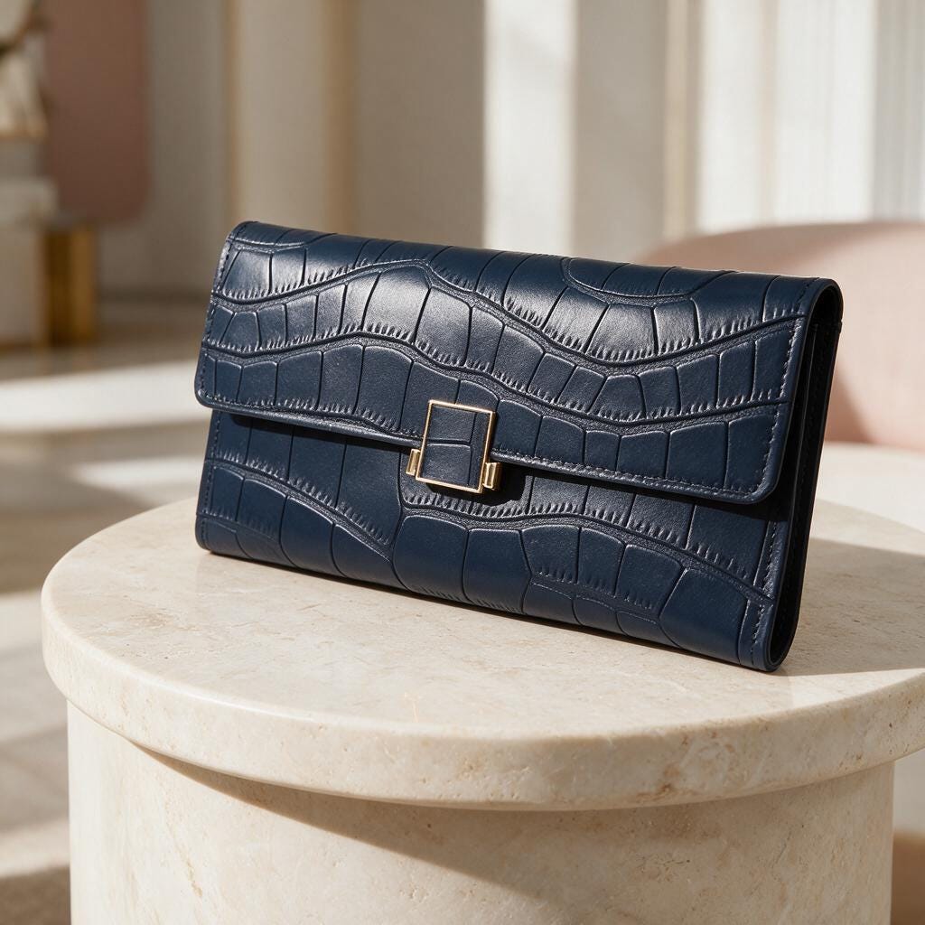 Navy Croc Embossed Wallet, Long Womens Flap Wallet, Elegant Clasp Purse
