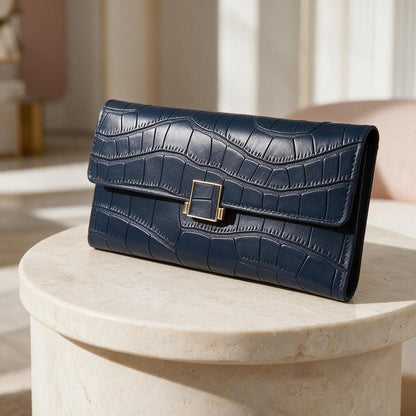 Navy Croc Embossed Wallet, Long Womens Flap Wallet, Elegant Clasp Purse
