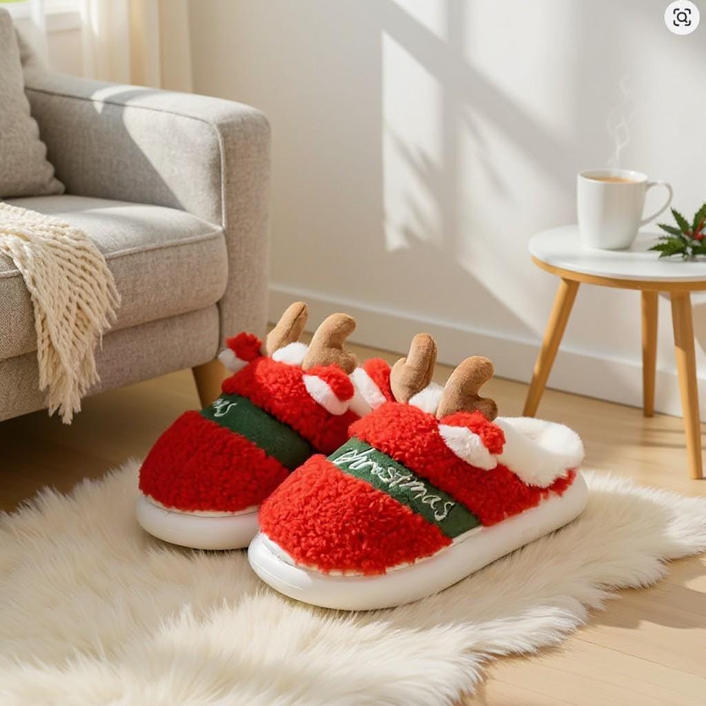 Reindeer Christmas Slippers, Fuzzy Holiday Slides, Plush Cozy House Shoes