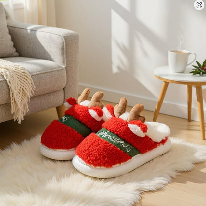 Reindeer Christmas Slippers, Fuzzy Holiday Slides, Plush Cozy House Shoes