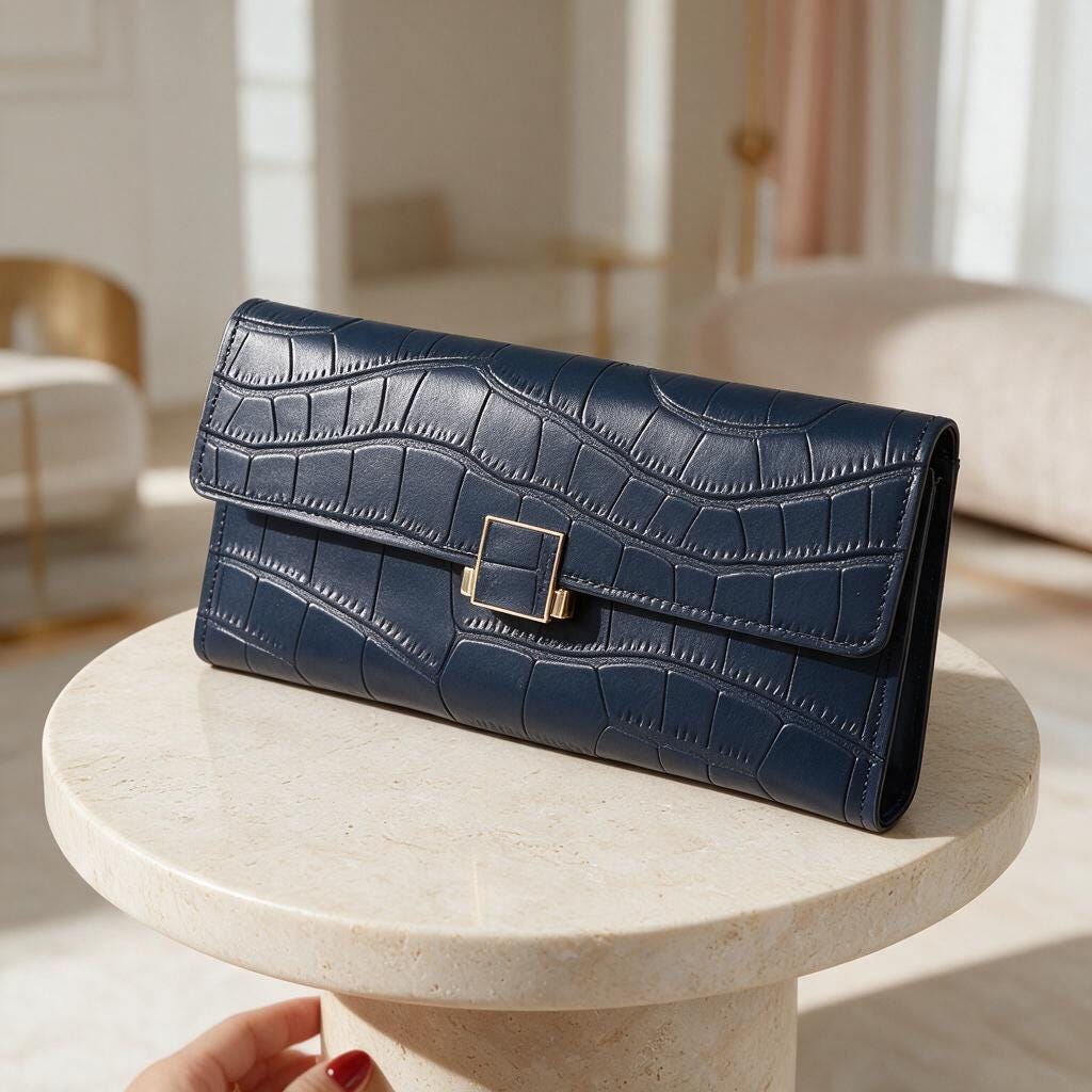 Navy Croc Embossed Wallet, Long Womens Flap Wallet, Elegant Clasp Purse