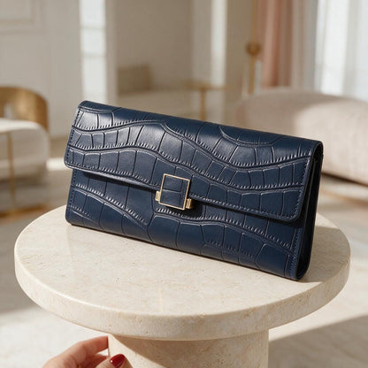 Navy Croc Embossed Wallet, Long Womens Flap Wallet, Elegant Clasp Purse