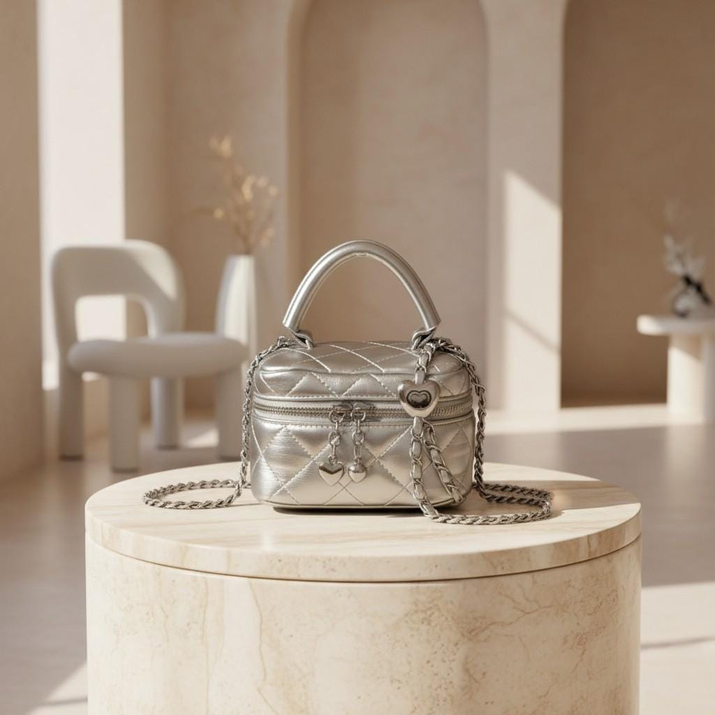 Silver Quilted Mini Bag, Metallic Crossbody Purse, Heart Charm Handbag, Chain Shoulder Bag, Y2K Evening Purse