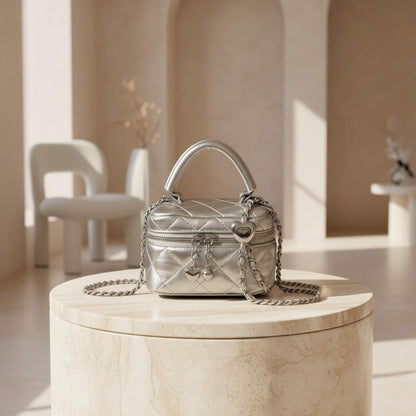 Silver Quilted Mini Bag, Metallic Crossbody Purse, Heart Charm Handbag, Chain Shoulder Bag, Y2K Evening Purse