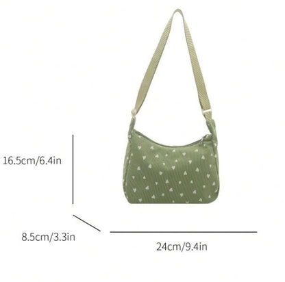 Sage Green Heart Shoulder Bag, Cute Hobo Purse, White Heart Print Handbag, Y2K Style Everyday Bag