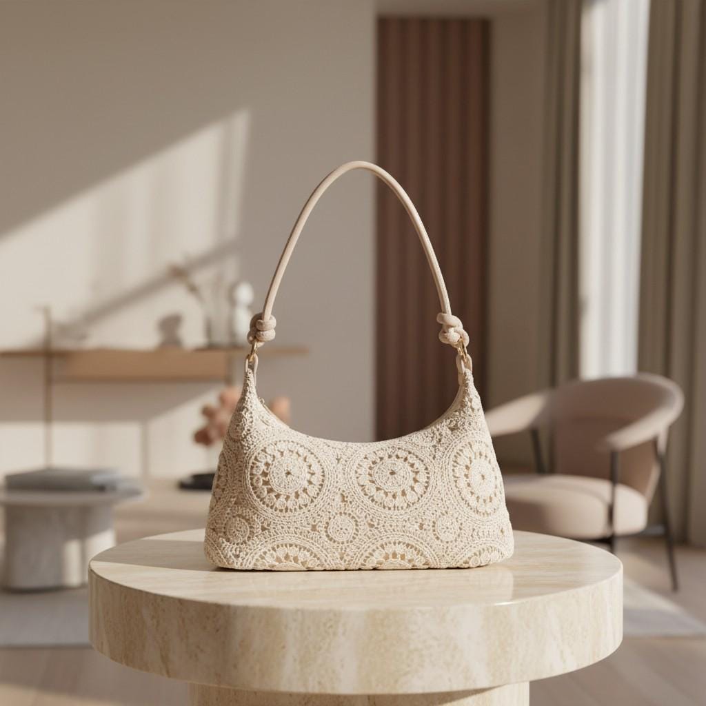 Crochet Shoulder Bag, Cream Lace Purse, Boho Crochet Handbag, Vintage Floral Bag, Romantic Summer Purse