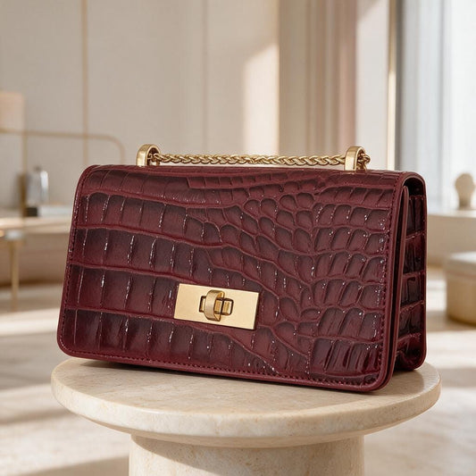 Burgundy Shoulder Bag, Croc Embossed Purse, Wine Red Handbag, Chain Strap Bag, Structured Flap Purse, Elegant Evening Bag