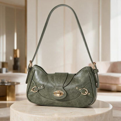 Olive Green Shoulder Bag, Y2K Vintage Purse, Buckle Baguette Handbag, Retro Bag