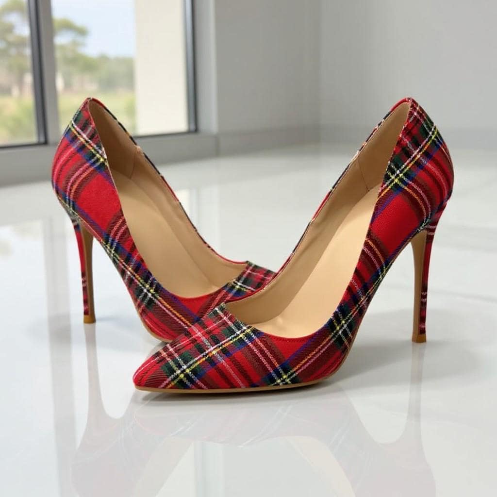 Red Plaid Heels, Tartan High Heel Pumps, Pointed Toe Stiletto Shoes, Women's Statement Dress Shoes